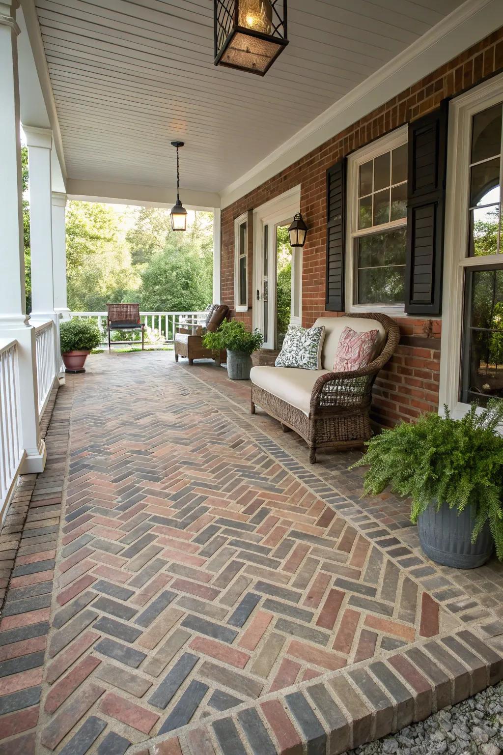 Parquet designs add style to porch floors.