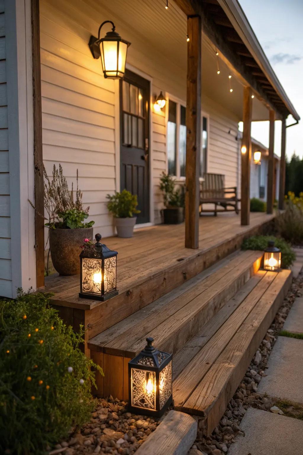 Eco-friendly solar lights and reclaimed wood enhance this porch's sustainability.