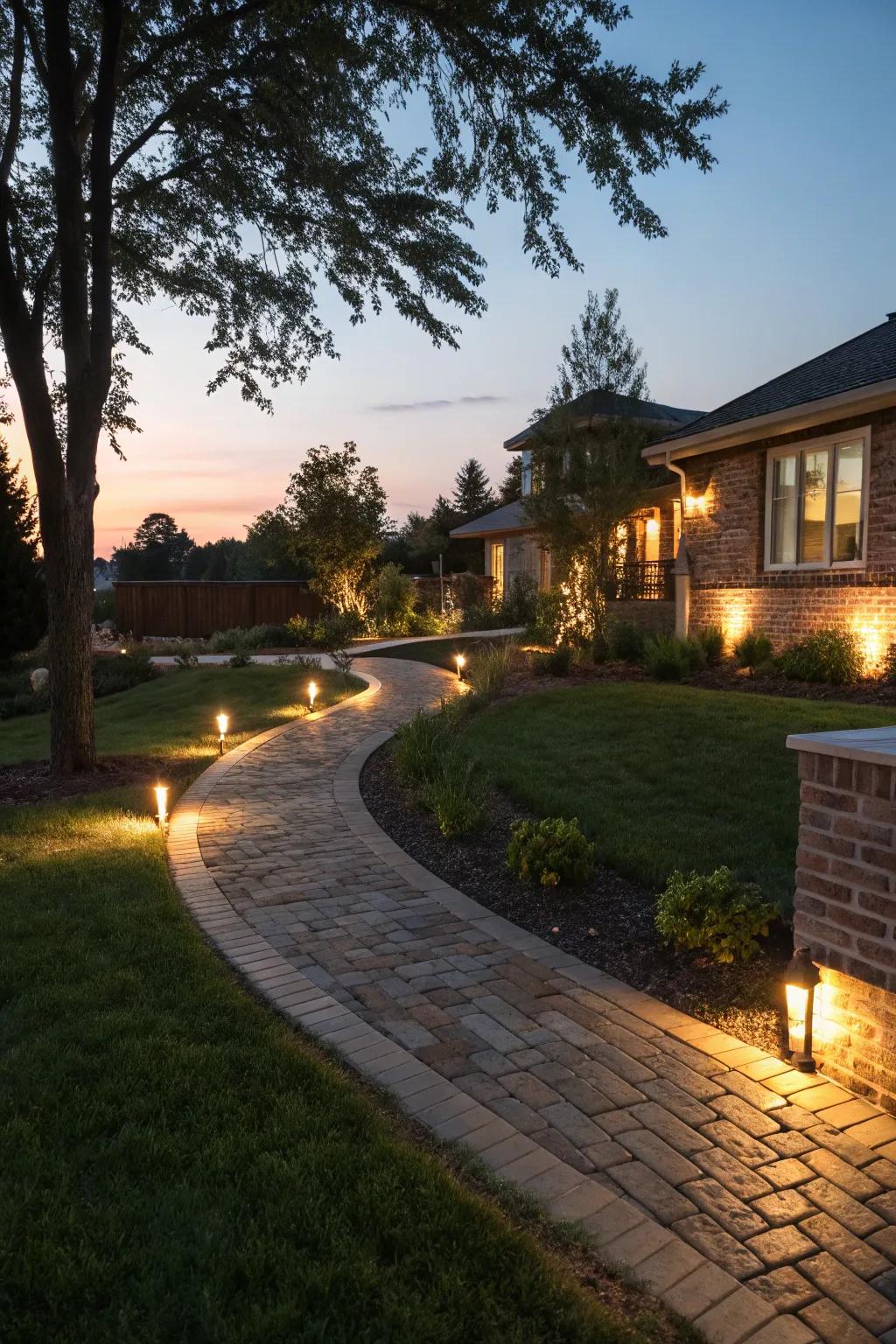 Brick lighting features create enchanting nightscapes.