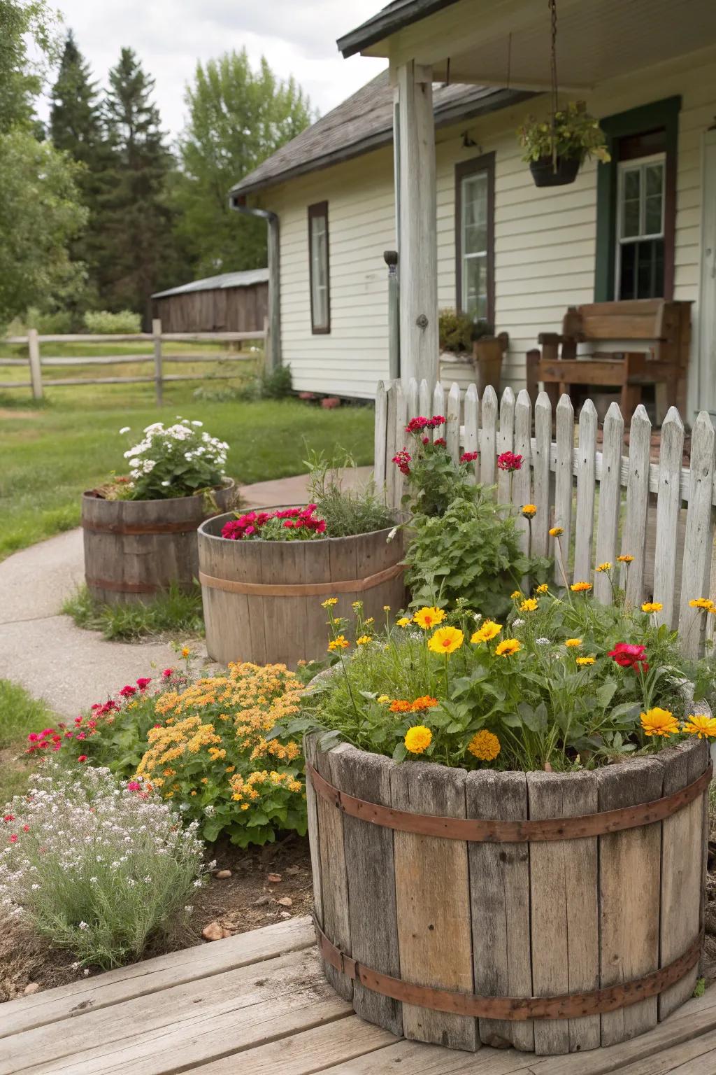 Wooden details bring warmth and charm to garden designs.