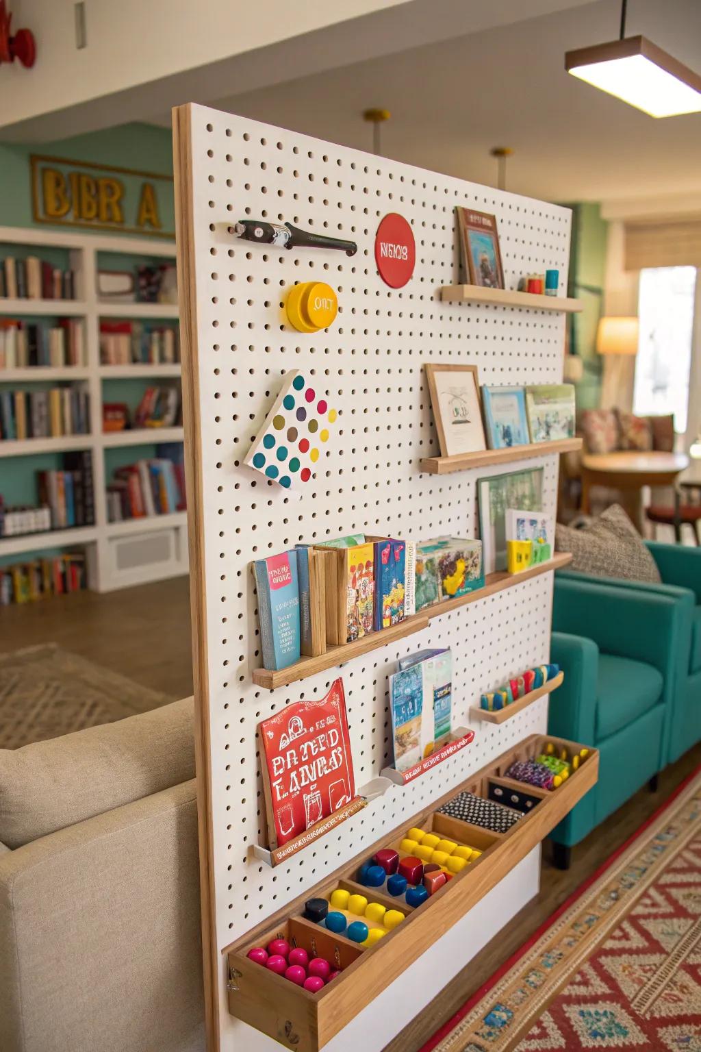 A pegboard offers versatile storage solutions.