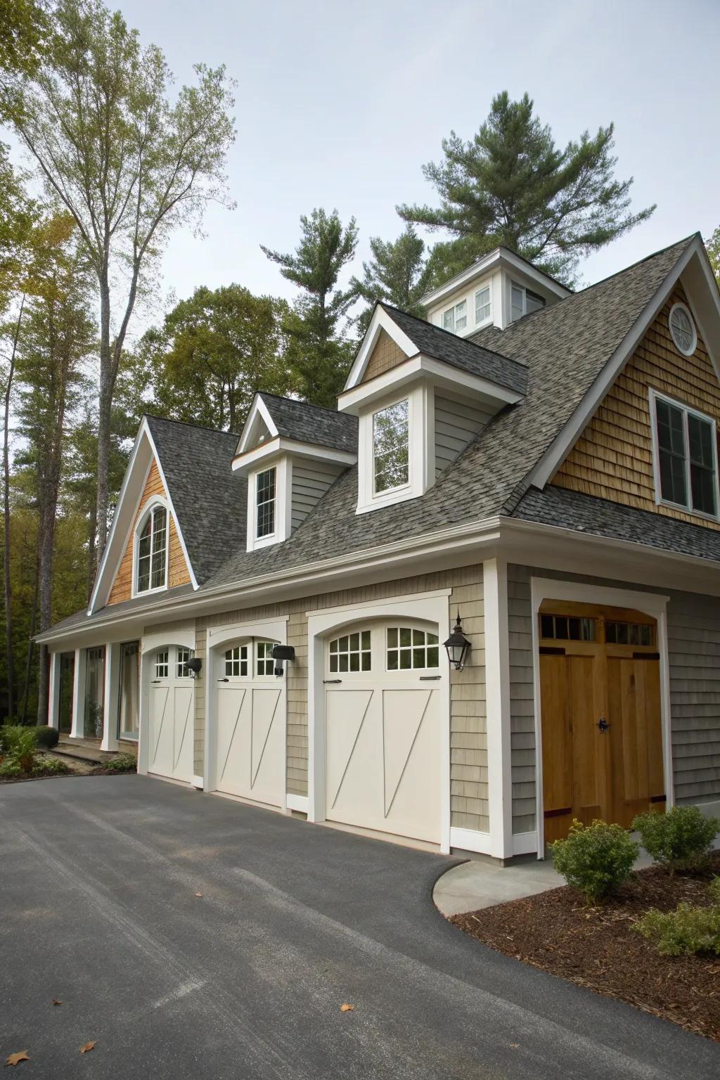 Dormers as focal points enhance the garage's dramatic allure.
