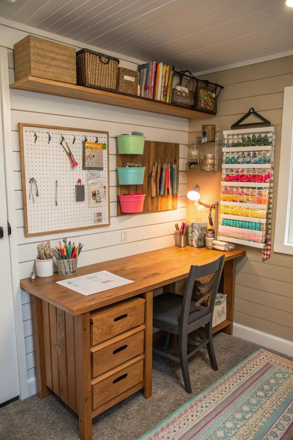 A crafting area adds a creative dimension to your mudroom space.