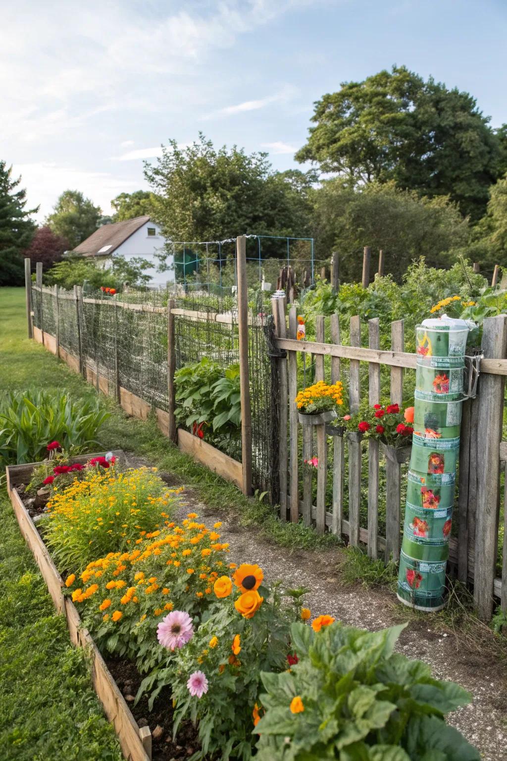 A fence made from recycled materials adds charm to the garden.