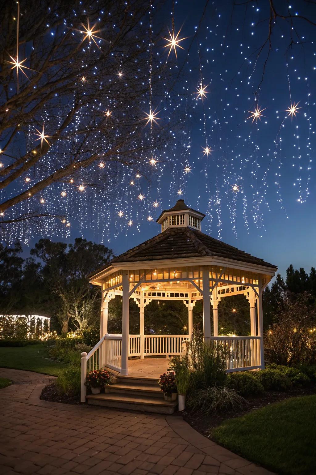 Fiber optic lights transform your gazebo into a celestial getaway.