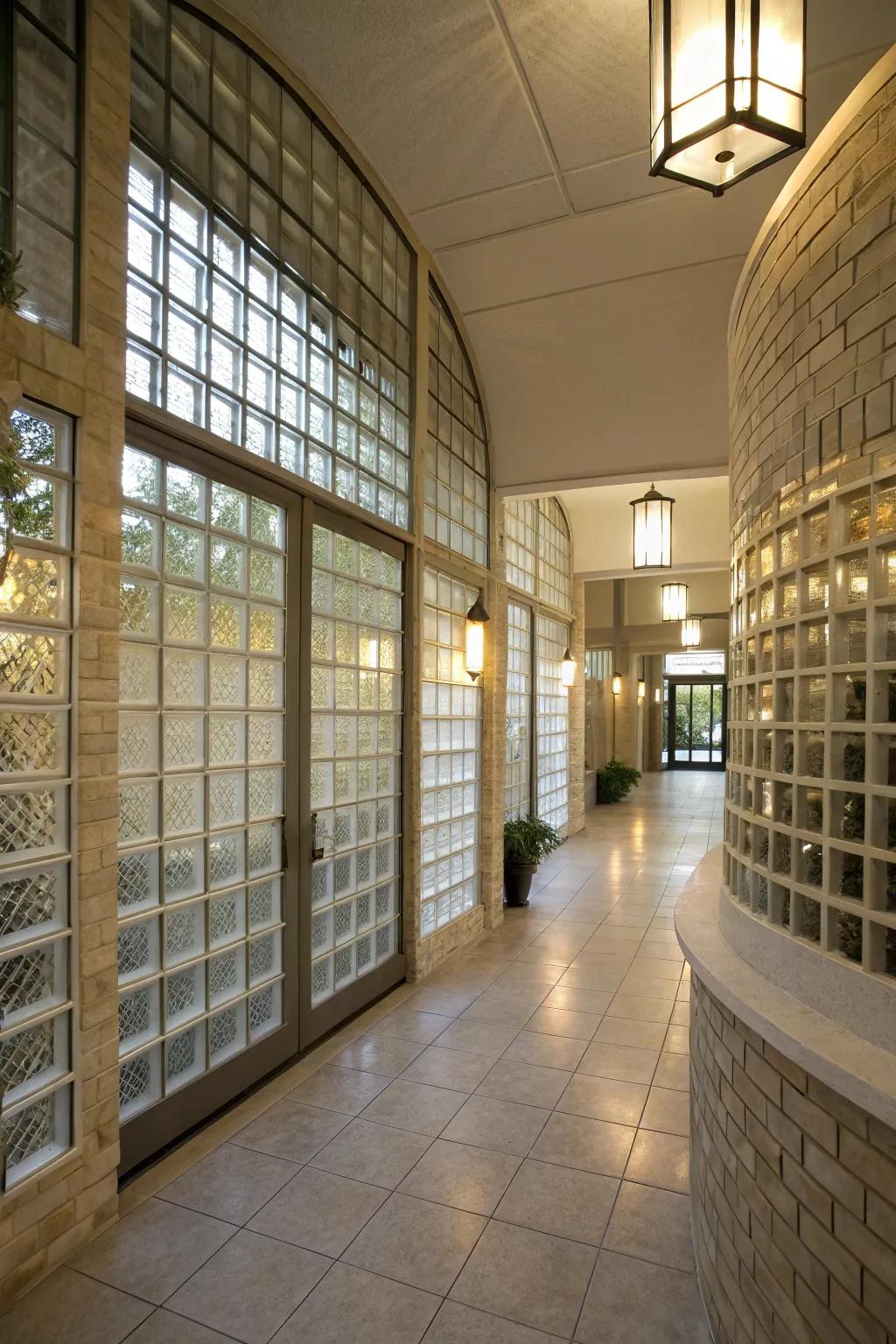 A transitional space features glass block walls, guiding light and improving the home's architectural layout.