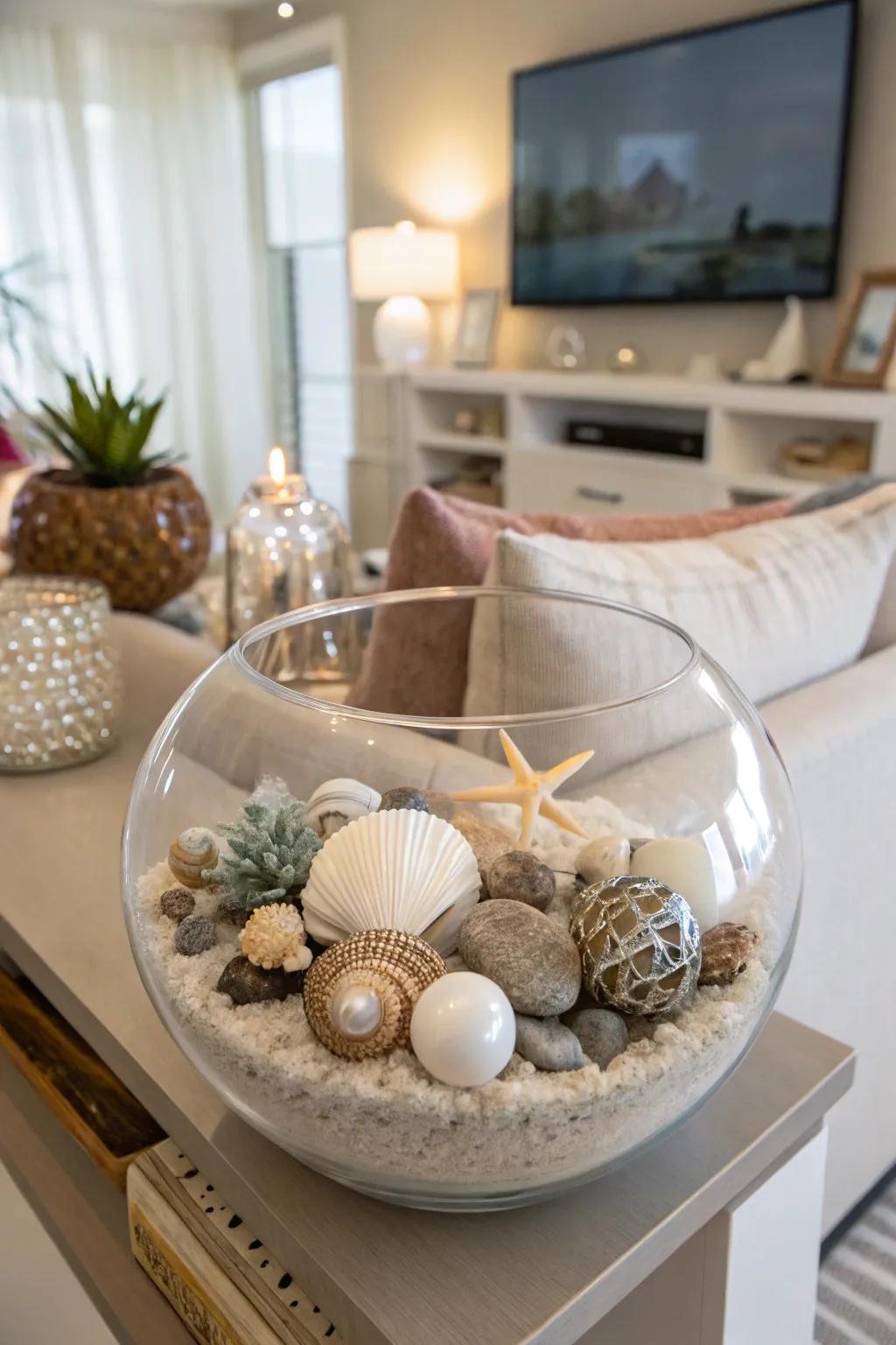 Attaining varied elegance by making every effort to integrate an assortment of trinkets into a crystal vessel.