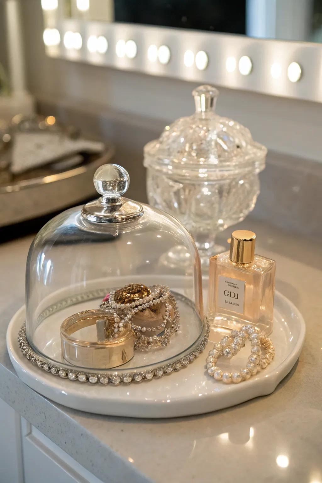 Jewelry and perfume bottles create a luxurious display under a glass cloche.