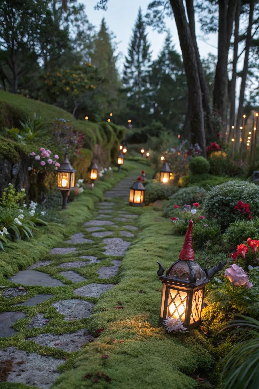 Gnome lights cast a magical shimmer over the garden.