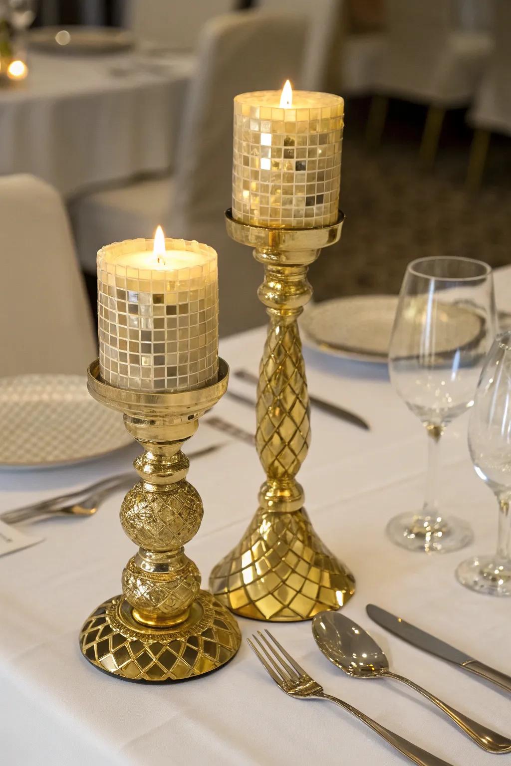 Dazzling gilded mosaic candle holders offering a warm glow.