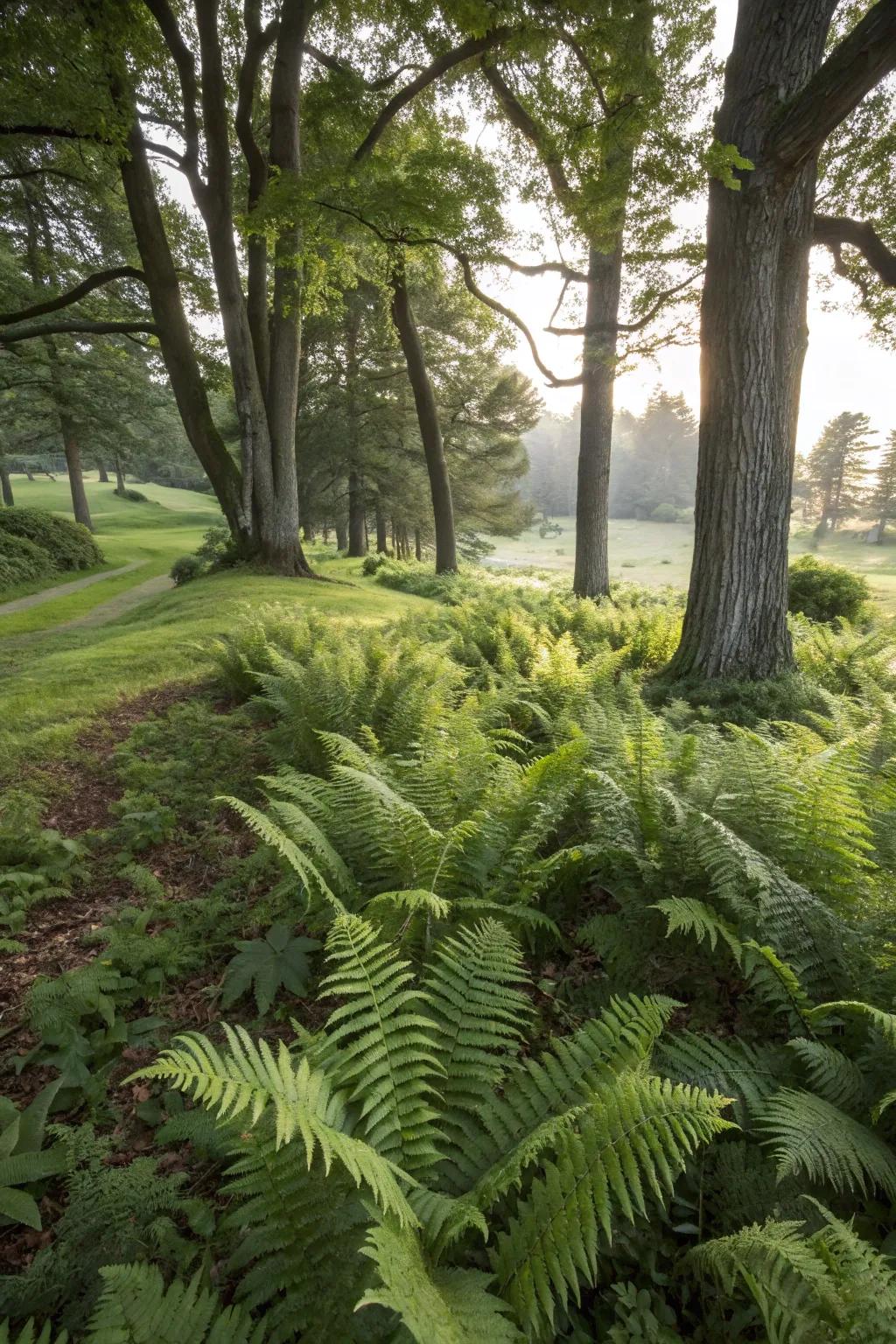 Landscapes of ferns add softness and greenery to areas with shade.