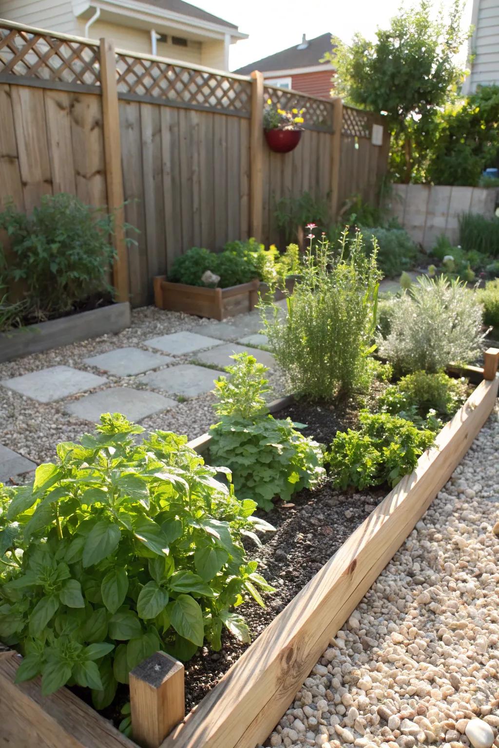 A full herb garden in a bed of pebbles.