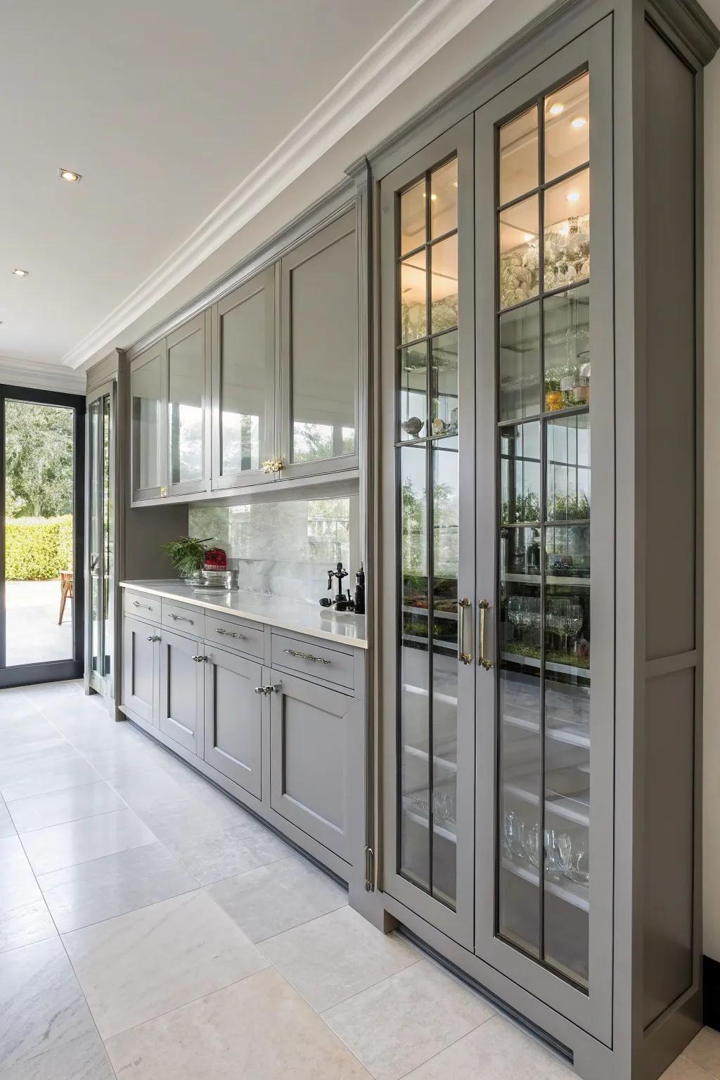 Glass unit doors contribute elegance and openness to gray units.