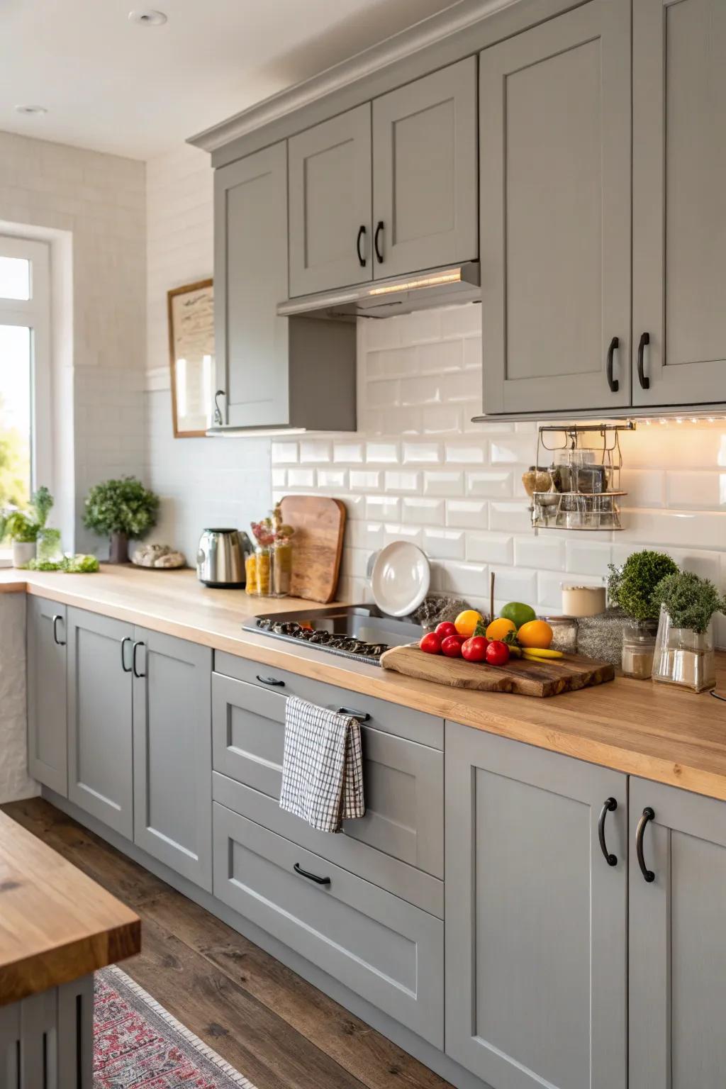 Timber worktops add warmth to gray cabinets in this kitchen.