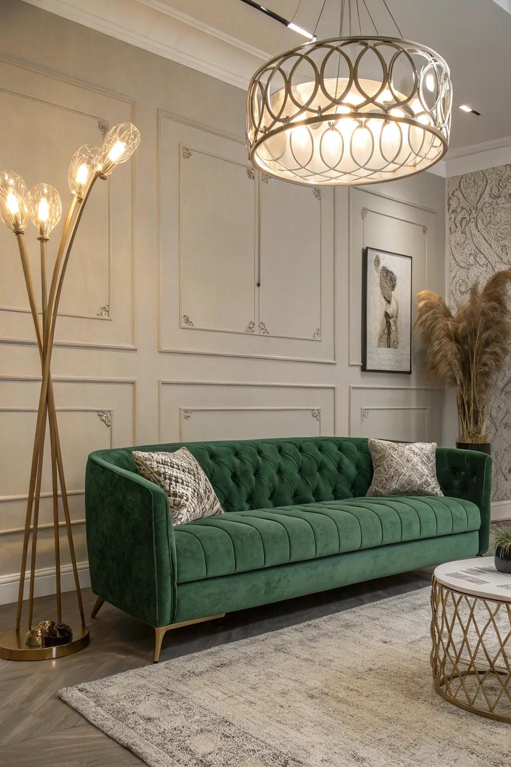 A charming living space featuring a green velvet sofa and unique lighting.