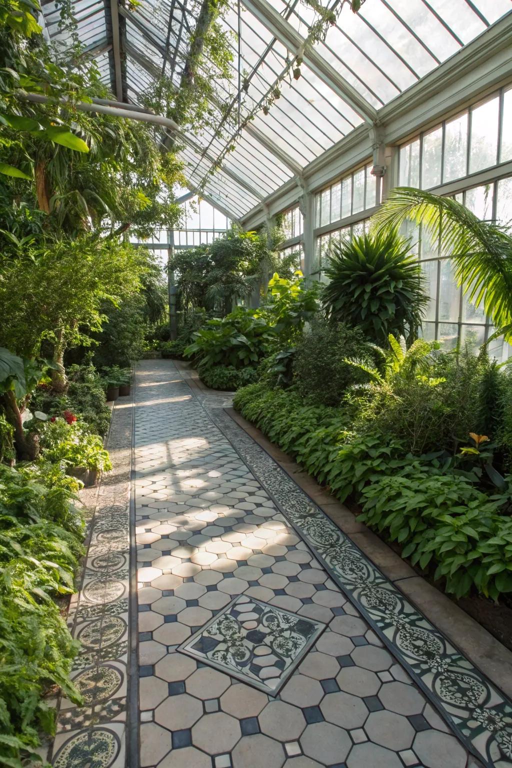 Slate tiles offer a refined, rustic greenhouse floor.