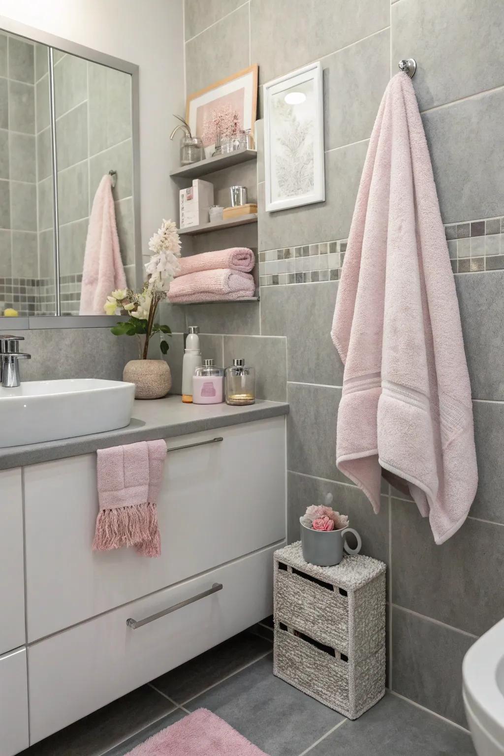 Pastel accents add a soft touch to the shale bathroom.