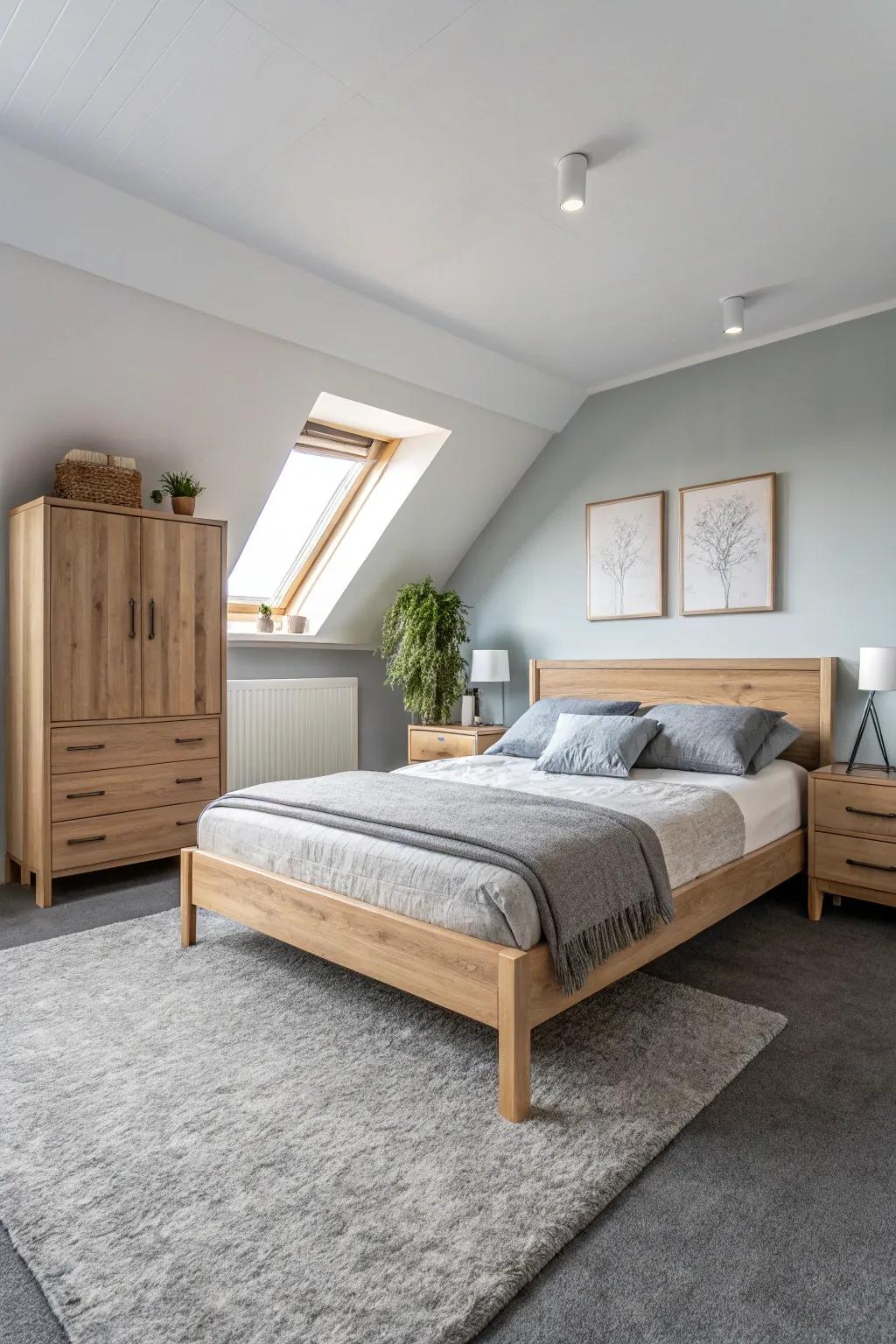 Scandinavian simplicity works well with the grey carpet, crafting a serene and airy space.