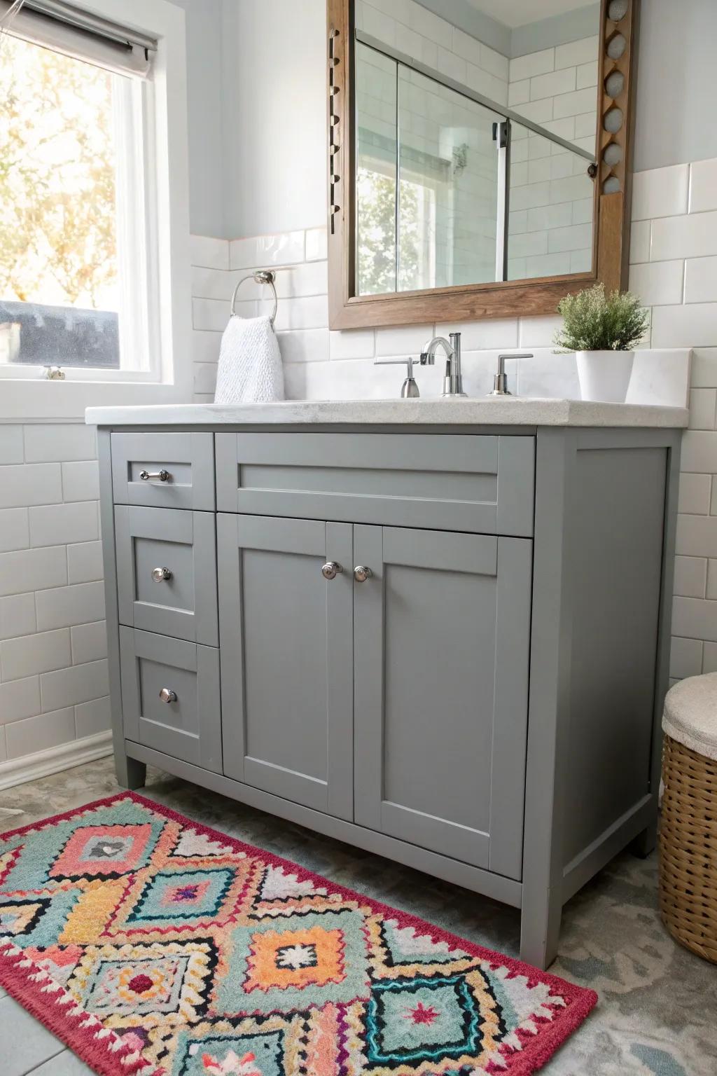 A bright rug injects warmth and personality to the grey vanity bathroom.