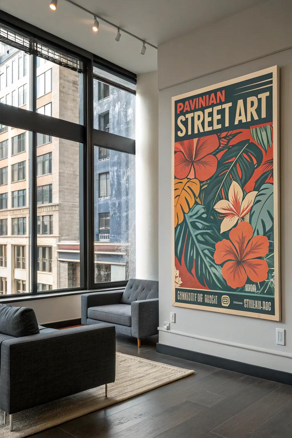 A Hawaiian street art poster that adds a modern touch to a modern living space.