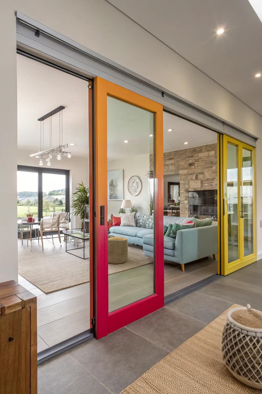 Lively glass panes bring color and life to sliding doors.