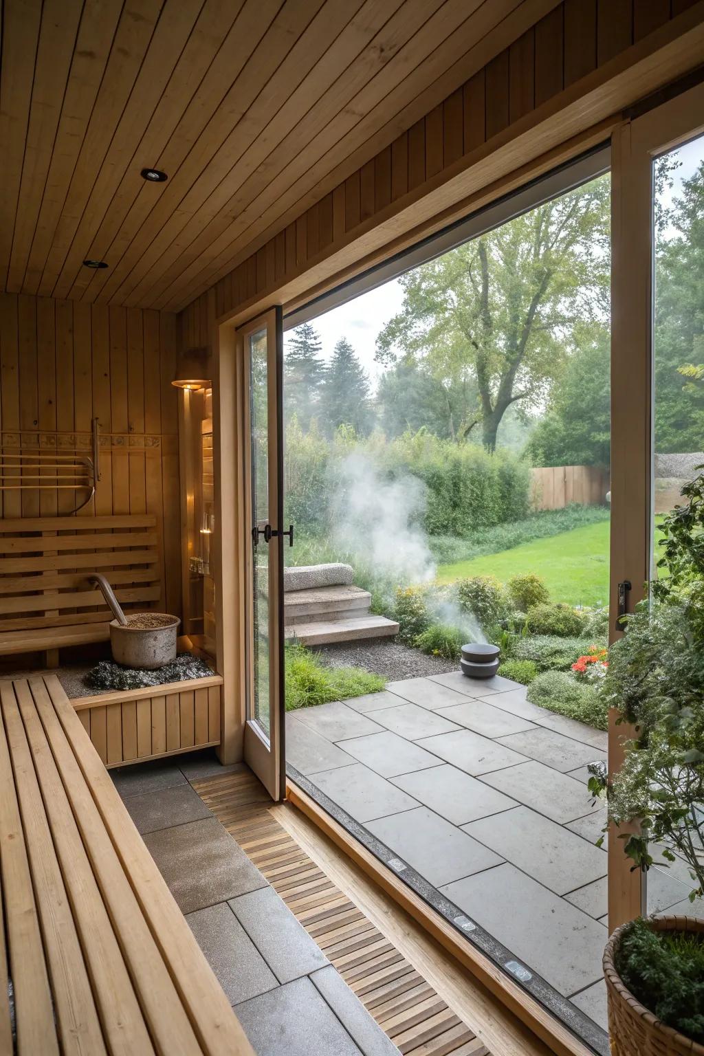 This sauna blends the indoors with the outdoors, enhancing its natural appeal.