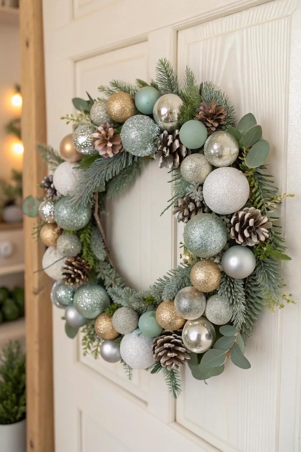 Elevate your holiday decor with a handcrafted bauble wreath that sparkles with minimalist charm and festive cheer.