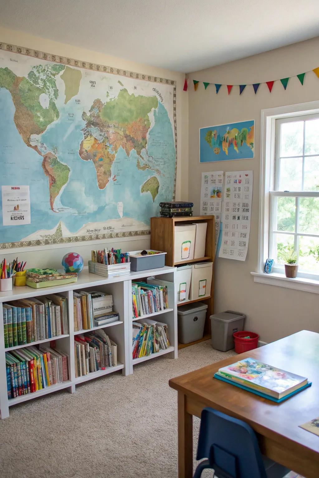 World maps are educational and visually striking features in homeschool spaces.