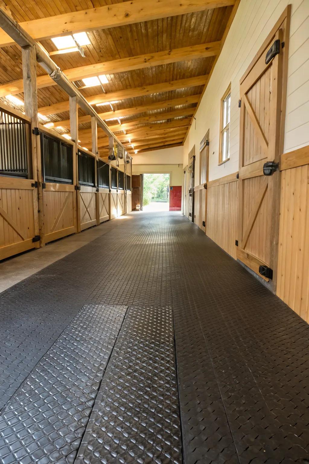 Rubber tiles deliver a resilient and cozy flooring choice for barn passageways.
