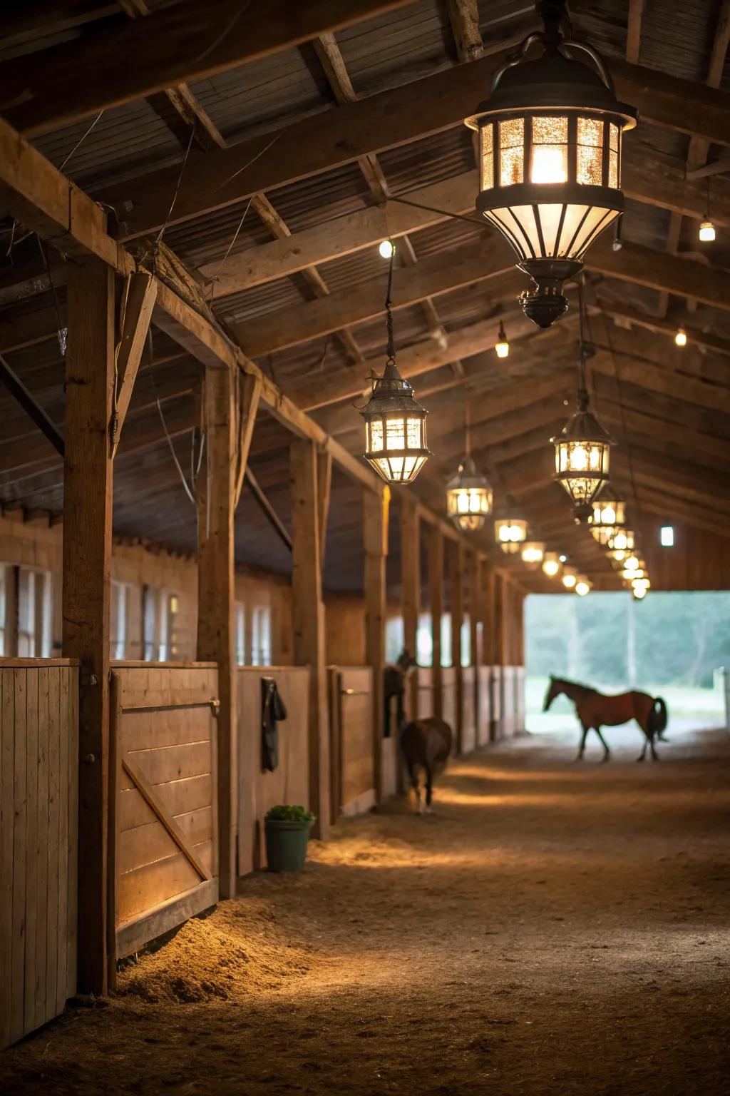 Lantern-style lights add old-world charm to the barn.