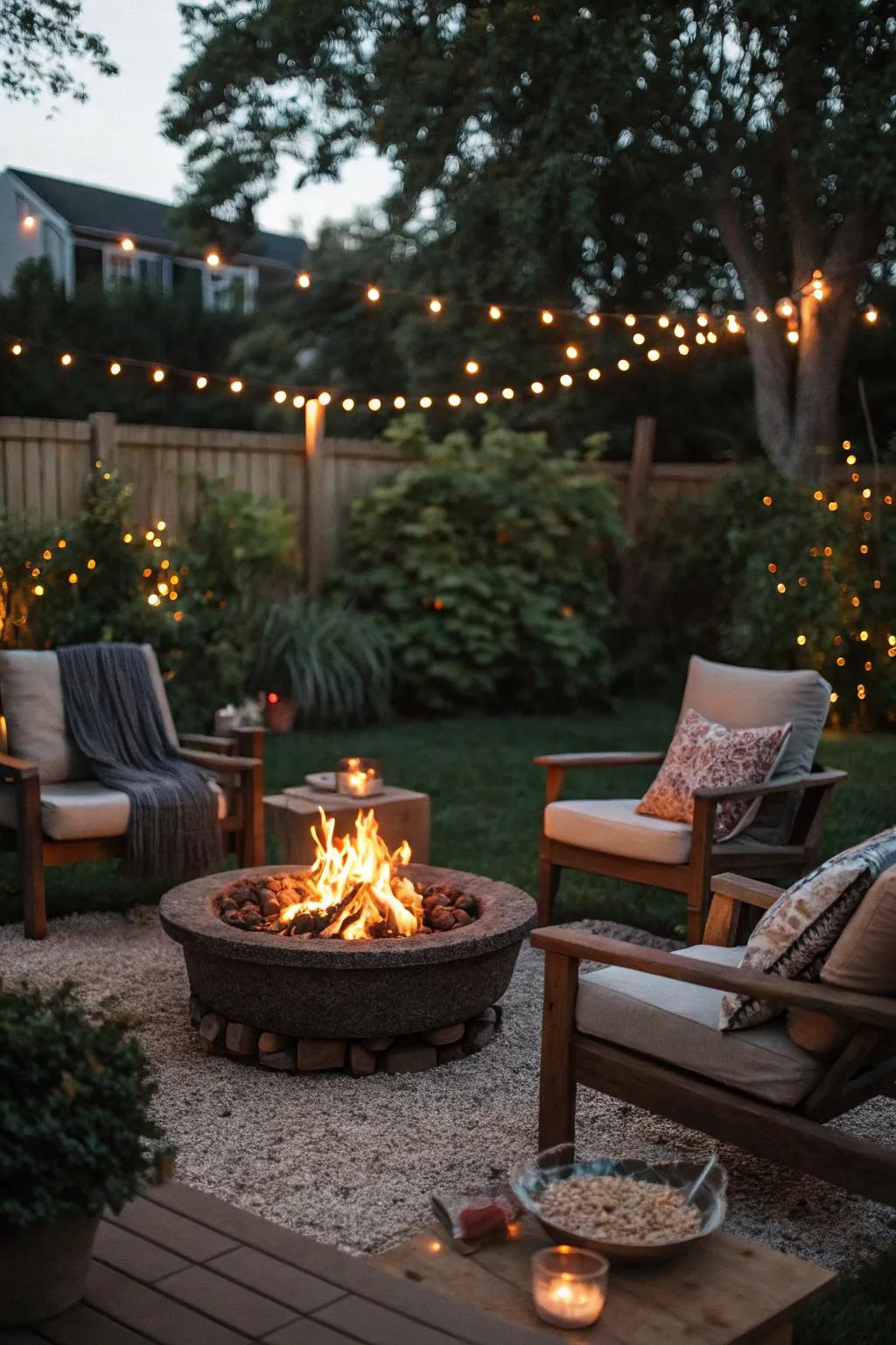 A cozy fire pit perfect for evening housewarming gatherings