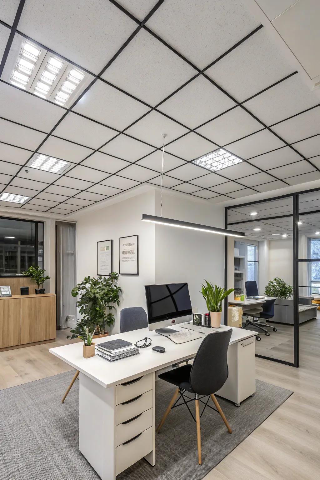 A contemporary home office showcasing suspended ceiling panels.
