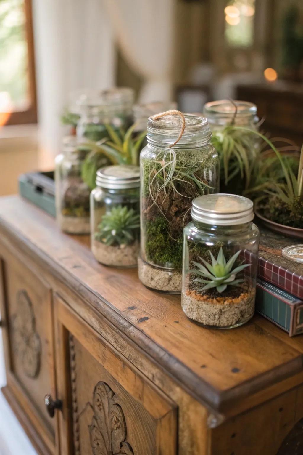 Assorted jars displaying air plants for an artistic design.