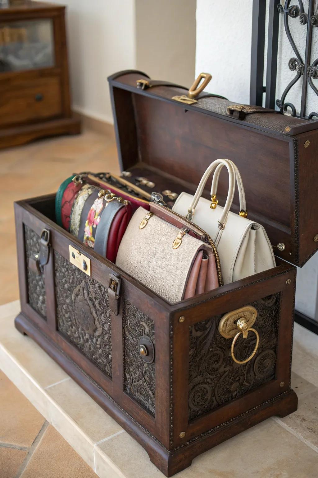 A decorative trunk offering stylish hidden storage for purses.