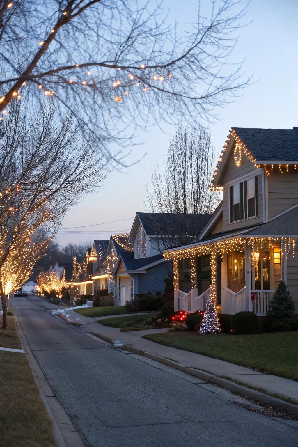 A neighborhood transformed into a connected winter wonderland with glimmer strips.