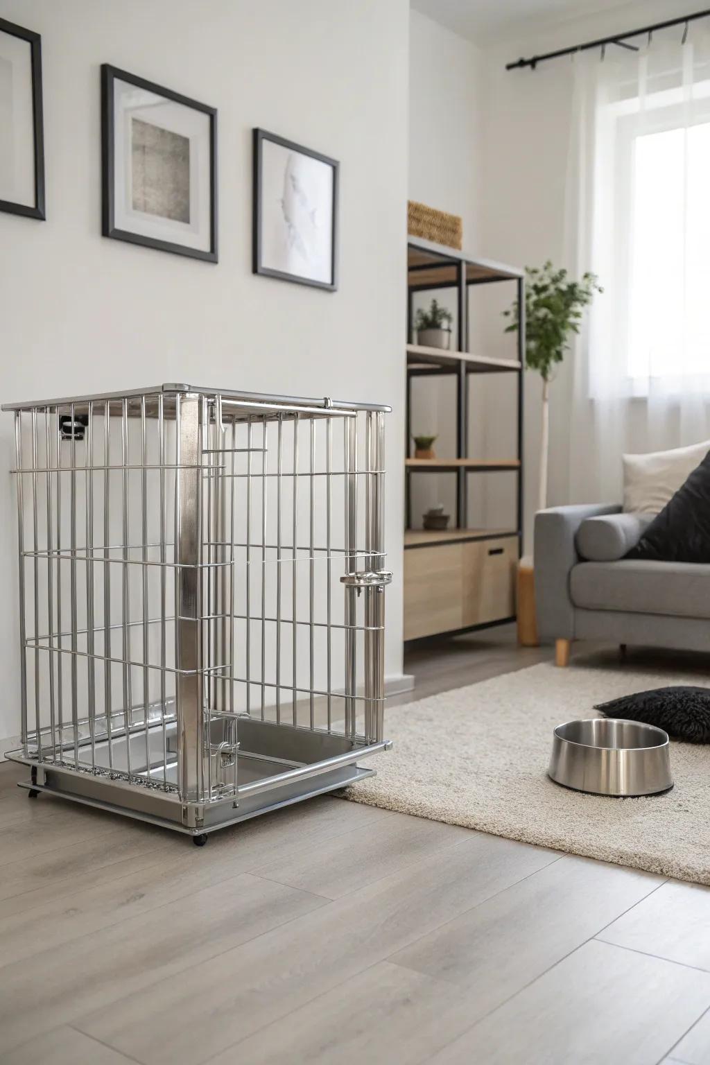 Streamlined simplicity: a minimalist metal kennel for modern homes.