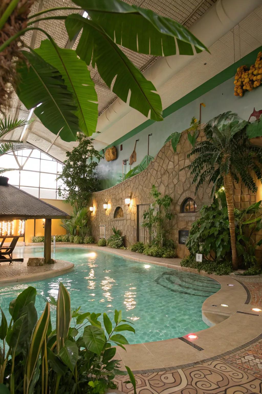 Venture into a jungle adventure with vibrant greenery and exotic decorations.