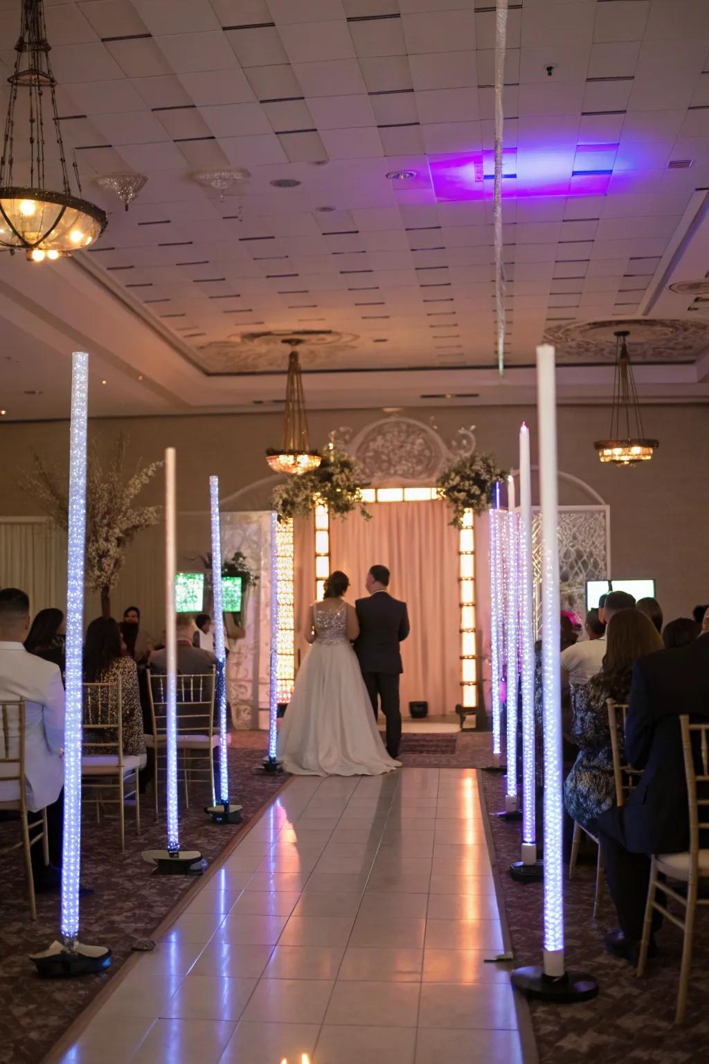 LED light tubes add a modern, edgy touch to the wedding.
