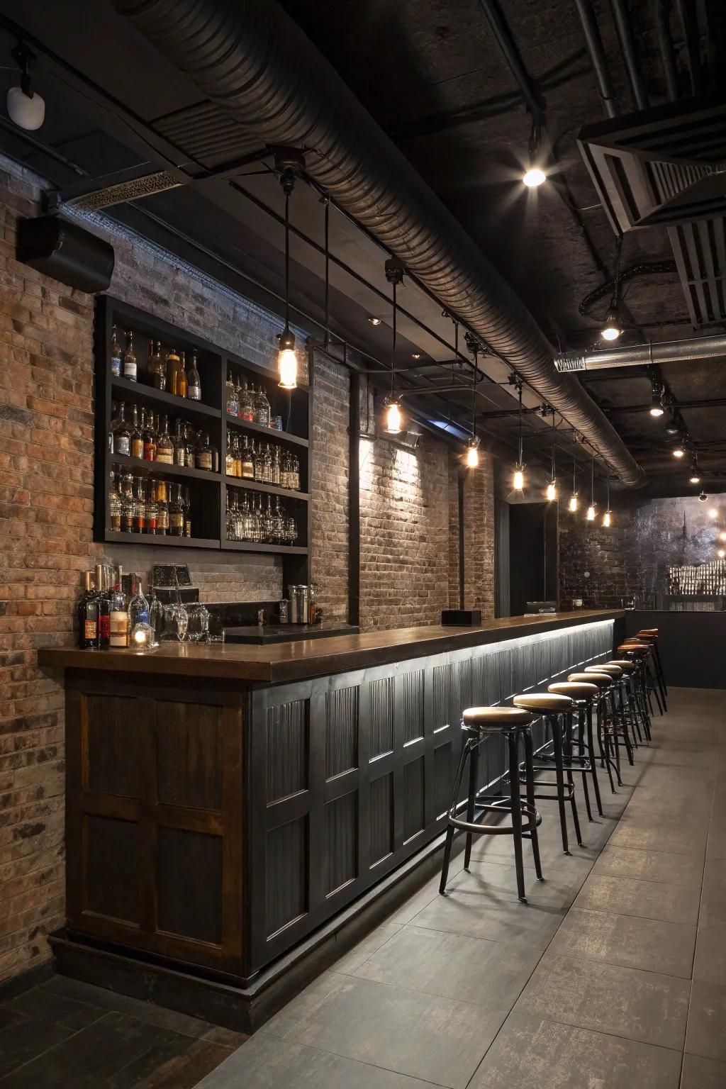 Basement bar design featuring pub-style LED track lighting