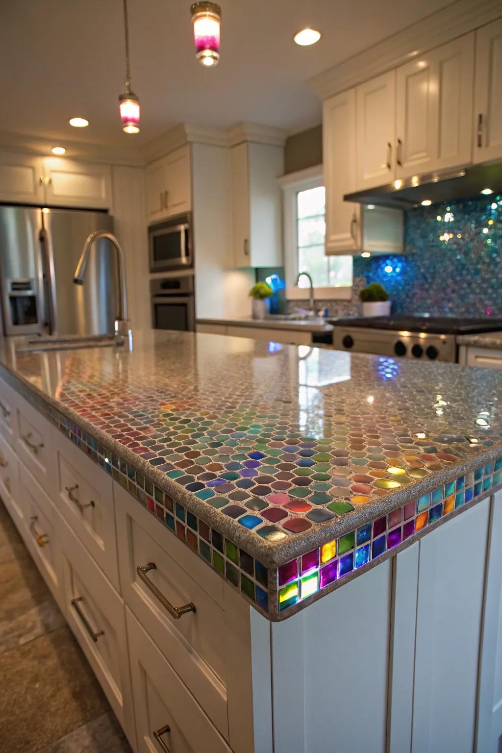 Glass fragment tiles bring a hint of elegance and sparkle to kitchen worktops.