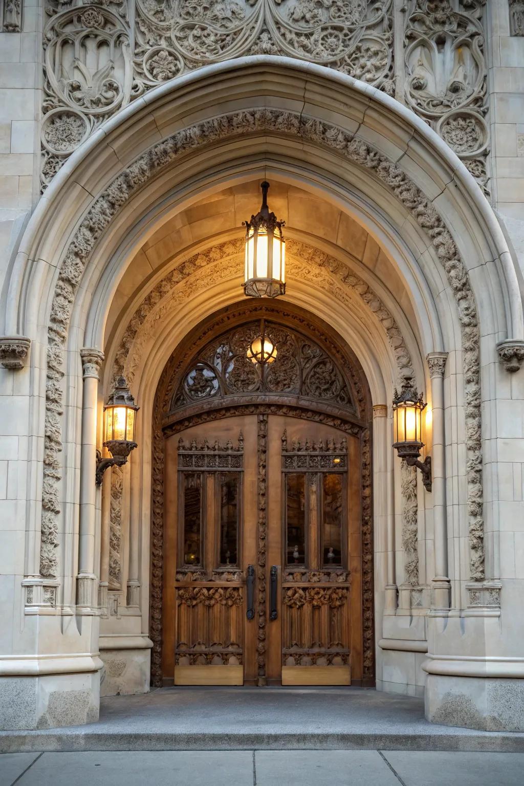 A grand archway adds drama and timelessness to this entrance.