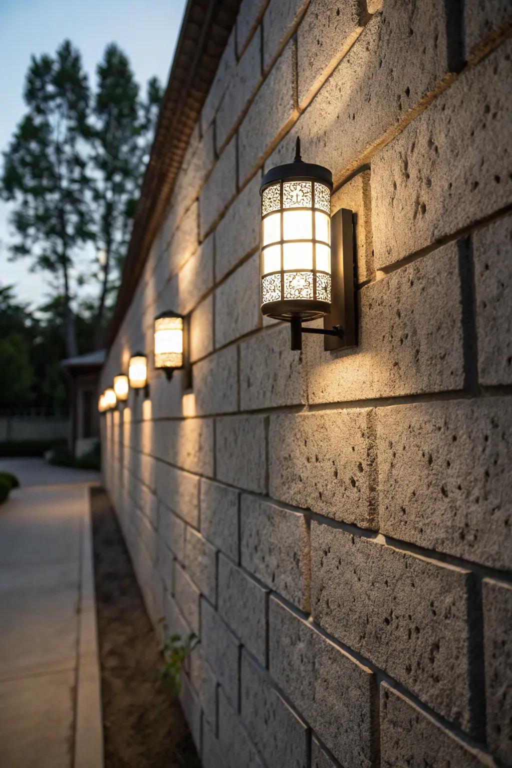 Refined lamp placements enhance the texture of a concrete block wall.