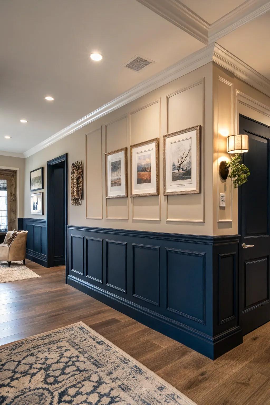 A room with deep navy baseboards providing a striking color contrast.