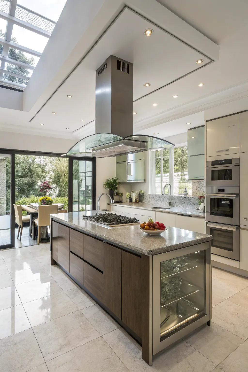 Glass ventilation hoods add sophistication and openness to kitchens.