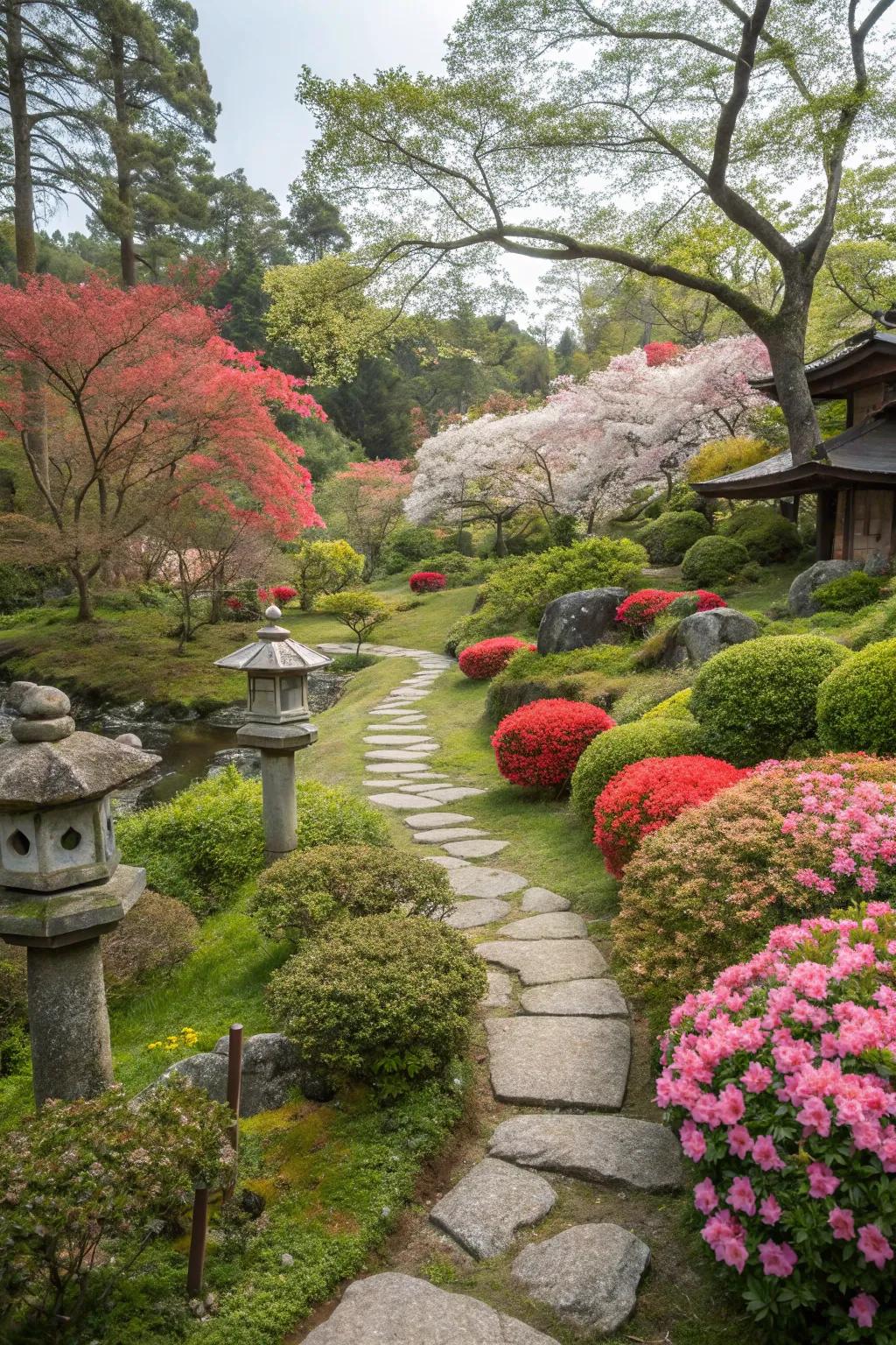 Seasonal flora furnishing year-round interest in a Japanese garden.