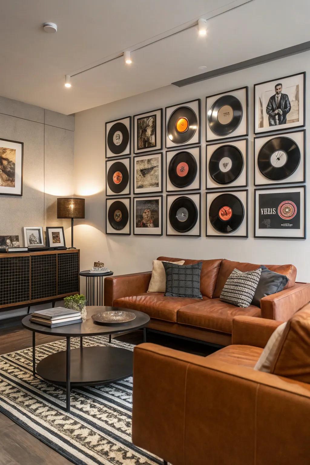 Jazz records as wall art contribute a personal and creative accent.
