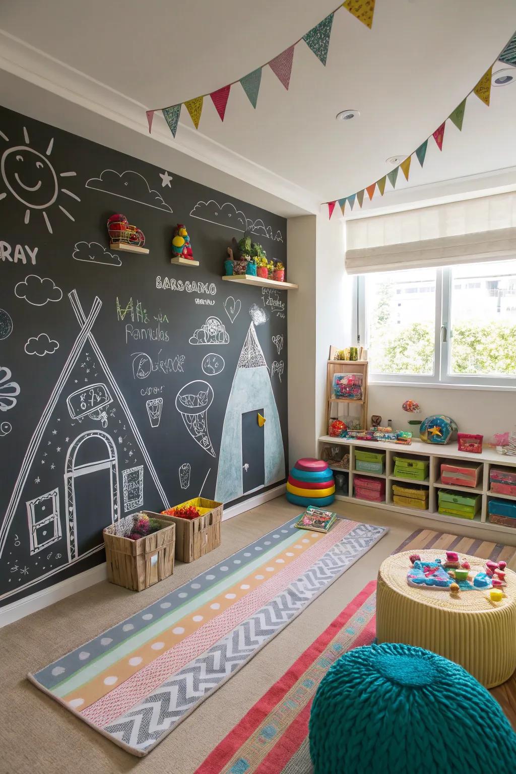 A playroom with interactive chalkboard wall covering, inviting endless creativity.