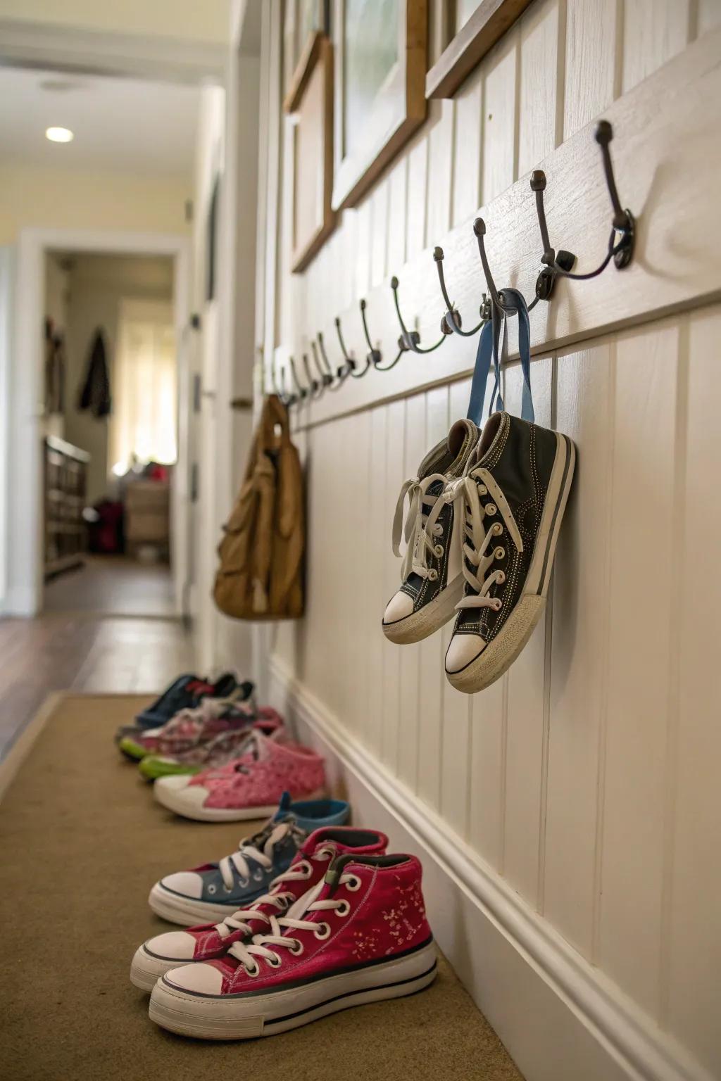 Use hooks for a simple shoe hanging solution.
