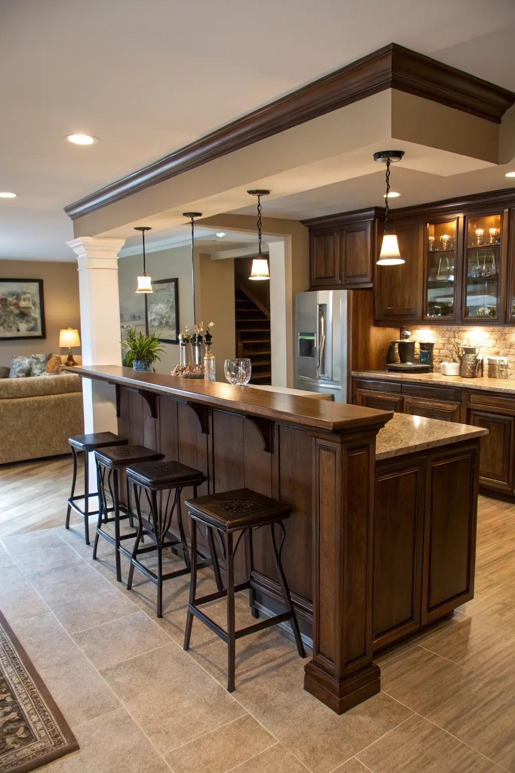 Visual borders in open-concept areas with a bar counter.