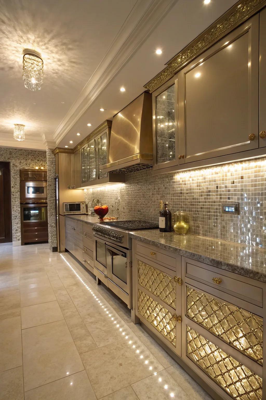 Shiny tile borders bring a glamorous sheen to your kitchen.